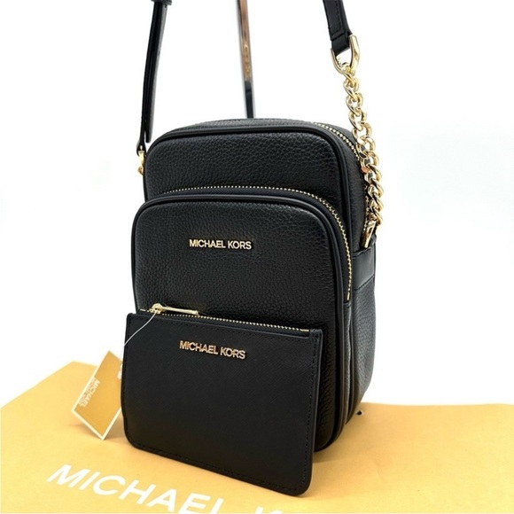 Michael Kors Medium NS Chain Xbody Bag & Small TZ Coinpouch w/ID Black/Gold - Picture 1 of 14